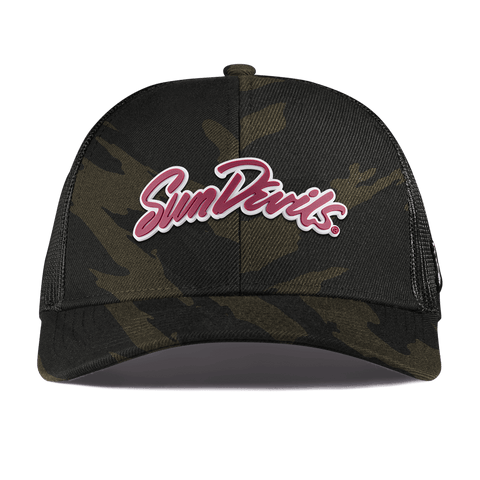 Arizona State University "Sun Devils Script" Curved Stretch Trucker Midnight Camo