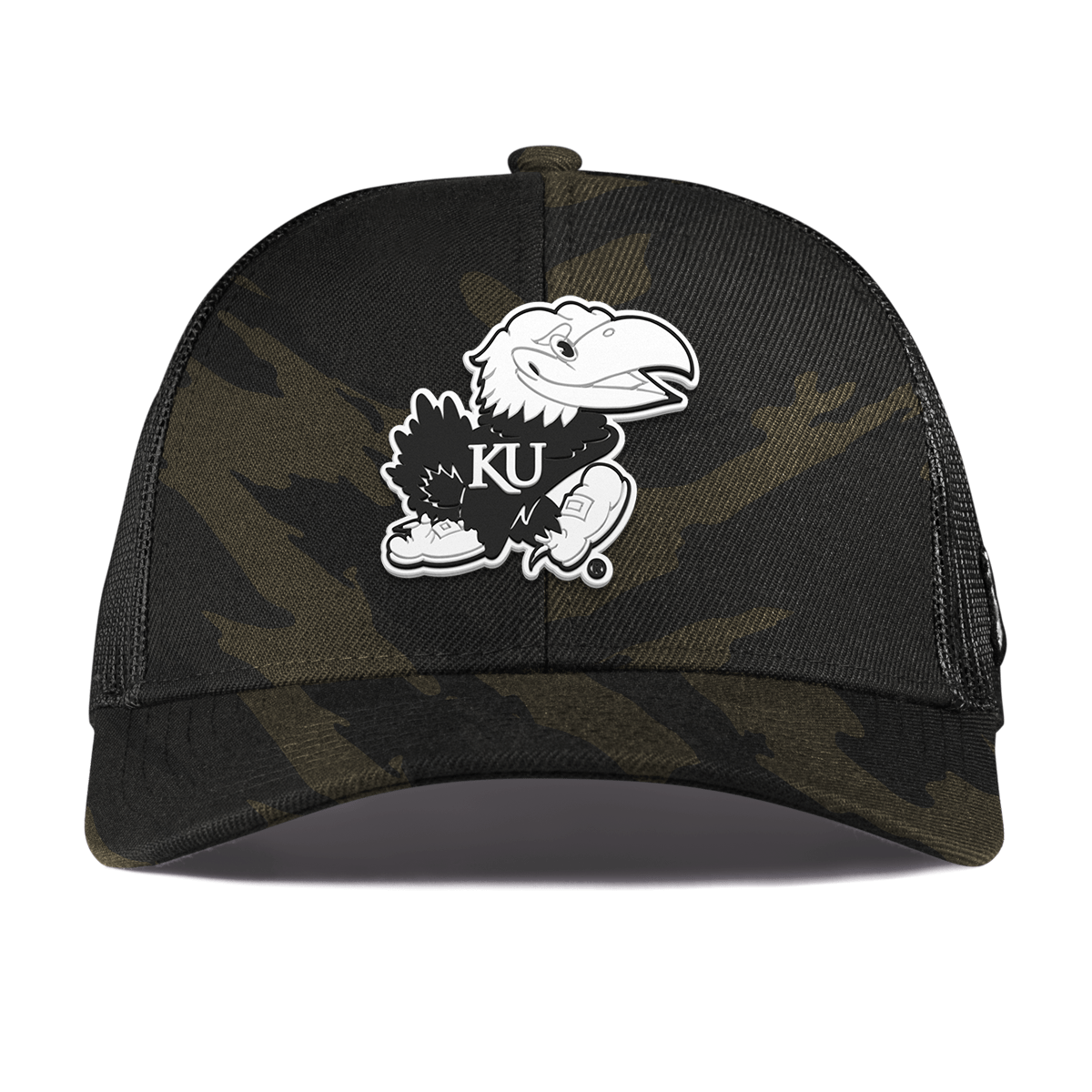 University of Kansas "Vintage Jayhawk" Curved Stretch Trucker Midnight Camo