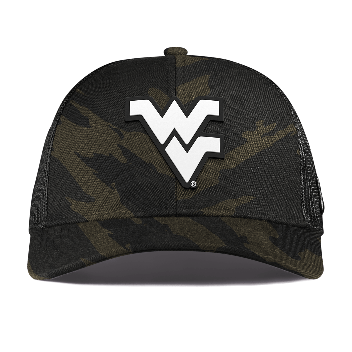 West Virginia University "Vintage West Virginia Team Logo" Curved Stretch Trucker Midnight Camo