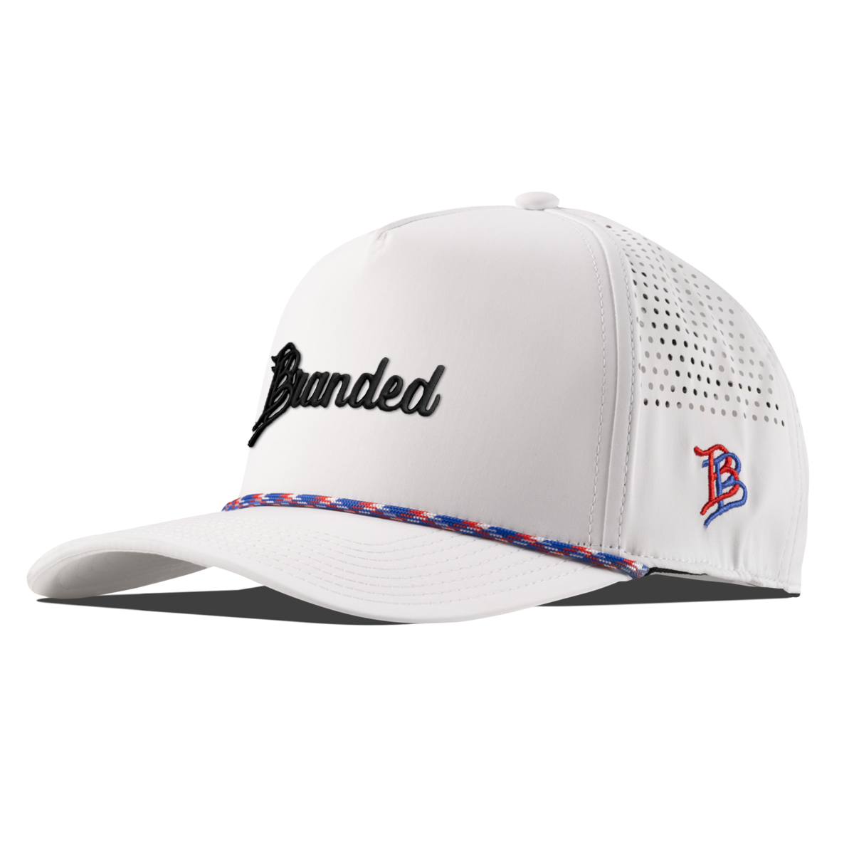 Branded Curved 5 Panel Performance (Black Script) White/RWB