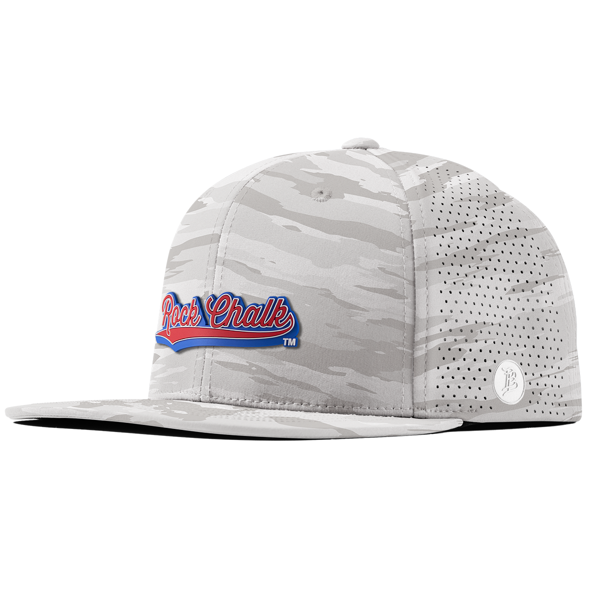 University of Kansas KU "Rock Chalk Red and Blue Script" Flat Elite Arctic Camo