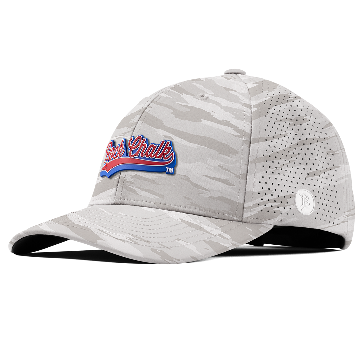 University of Kansas KU "Rock Chalk Red and Blue Script" Curved Elite Arctic Camo