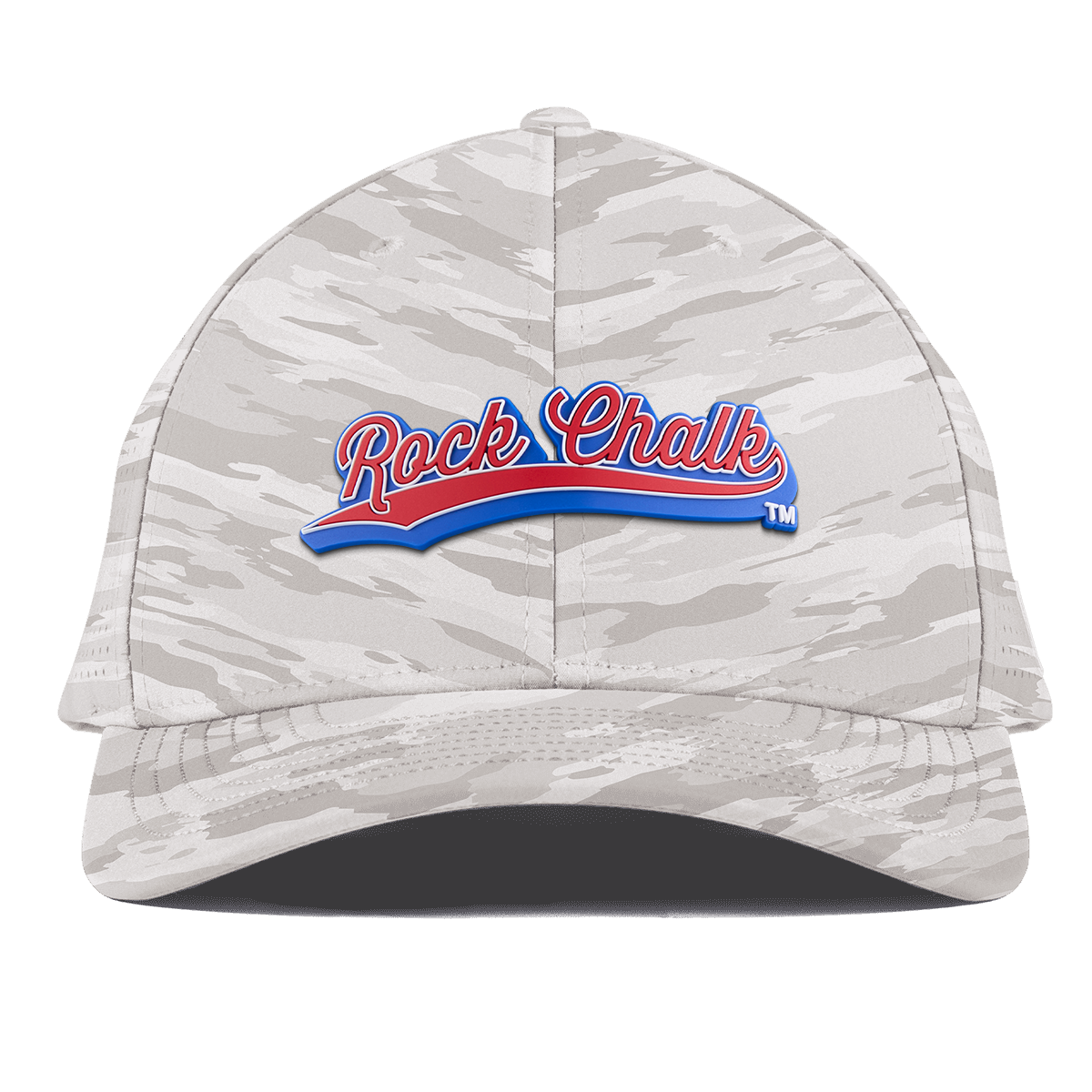 University of Kansas KU "Rock Chalk Red and Blue Script" Curved Elite Arctic Camo