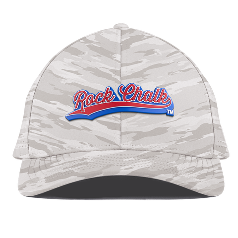 University of Kansas KU "Rock Chalk Red and Blue Script" Curved Elite Arctic Camo