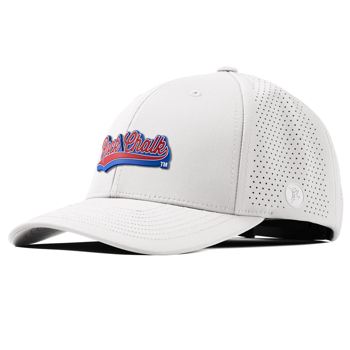 University of Kansas KU "Rock Chalk Red and Blue Script" Curved Elite White