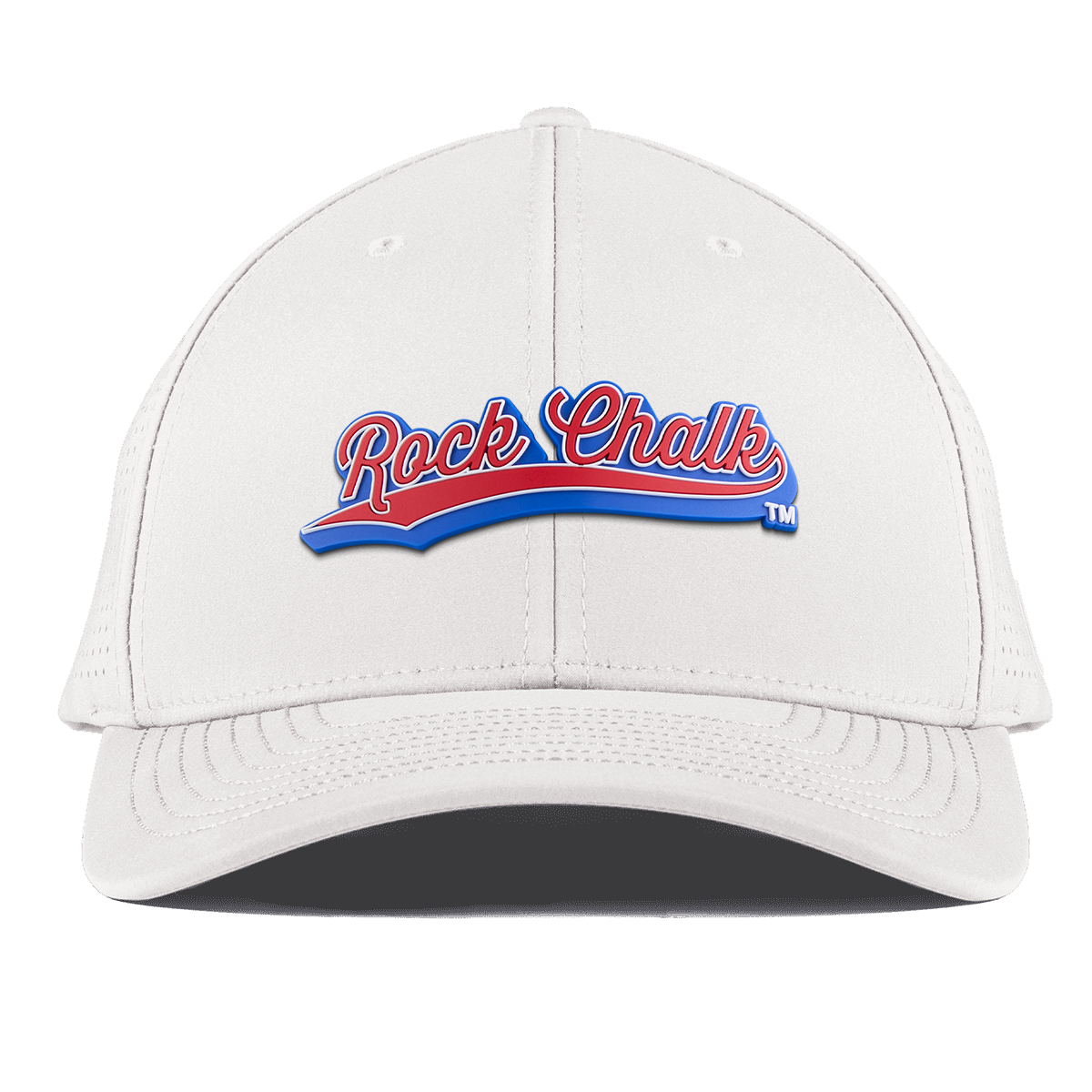 University of Kansas KU "Rock Chalk Red and Blue Script" Curved Elite White
