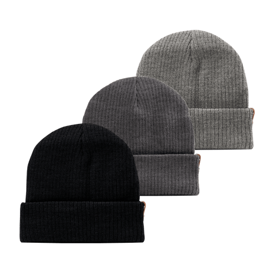 Bare Essential Beanie 3-Pack Black + Charcoal + Gray