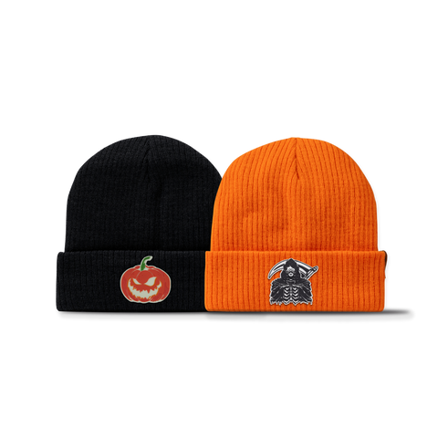 Jack-O-Lantern + Grim Reaper Glow Essential Beanie Bundle Black + Blaze Orange