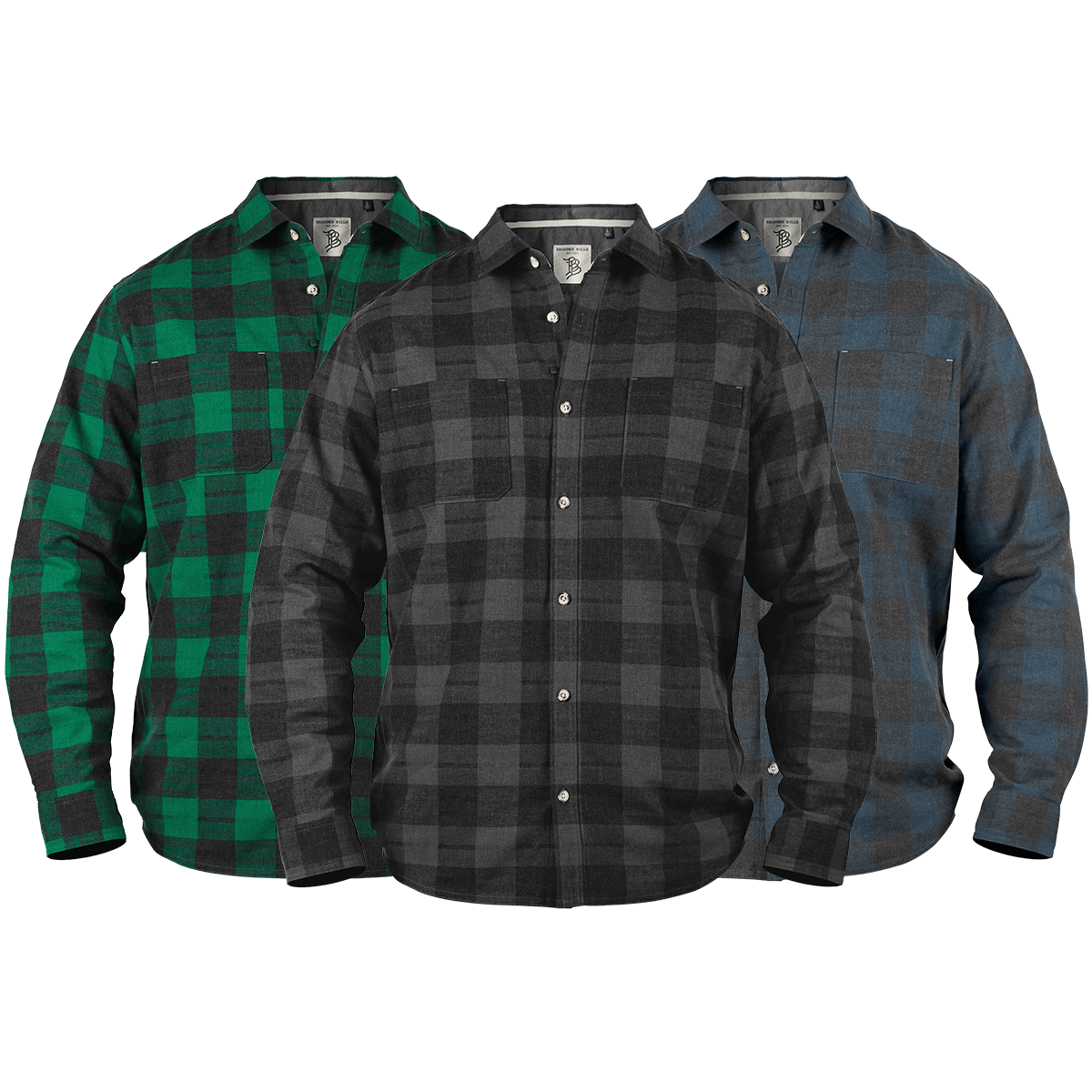Myca™ Plaid Button-Up 3-Pack Charcoal + Orion + Kelly Green