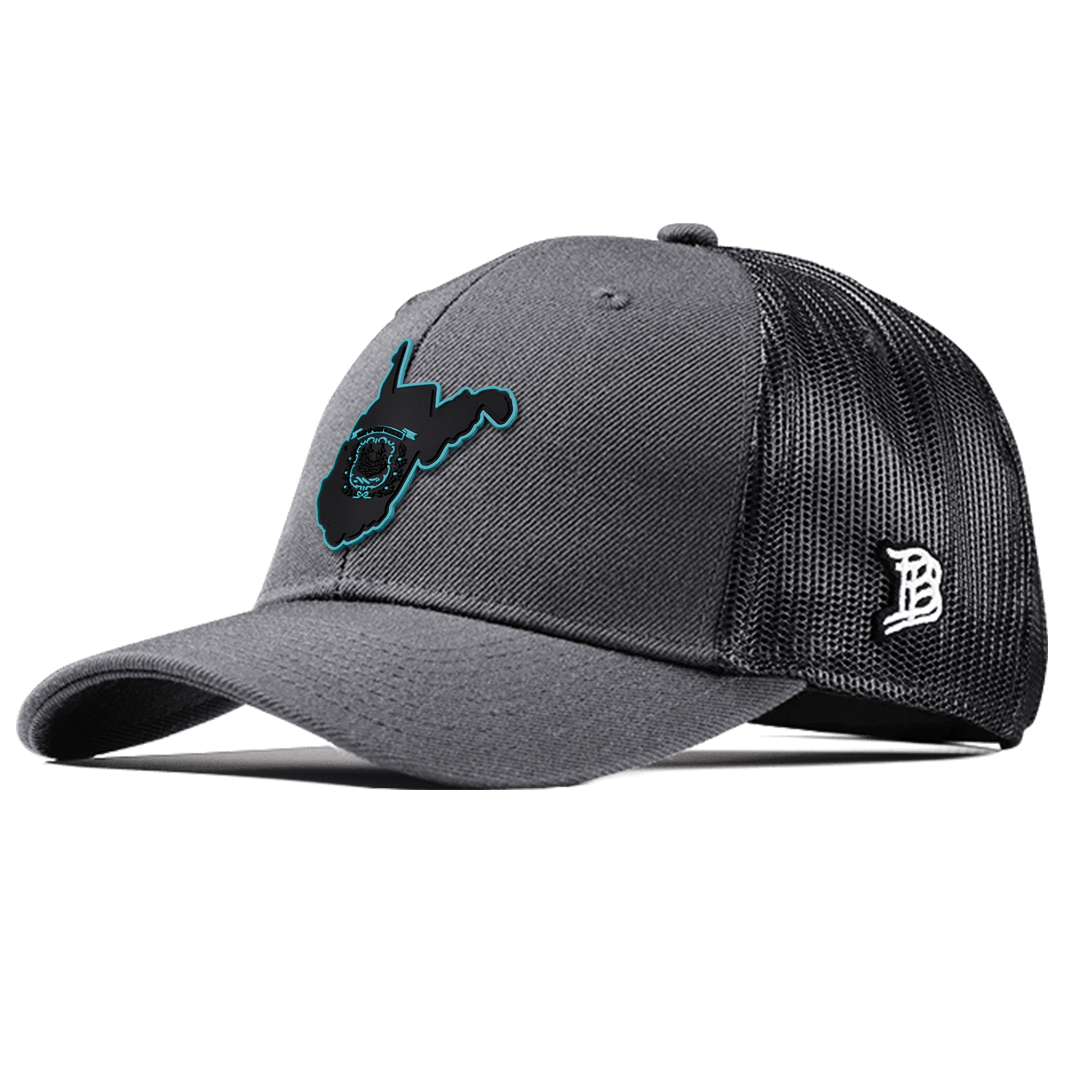 West Virginia Turquoise Curved Trucker Charcoal